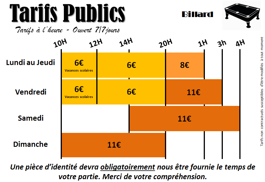 tarif public Billard 04 2018